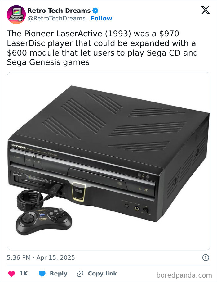 Retro tech LaserActive 1993, a dual LaserDisc and Sega Genesis player, with a game controller on display.