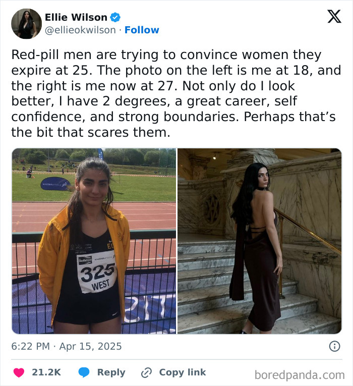 Side-by-side photos highlighting a woman's transformation, critiquing capitalism.