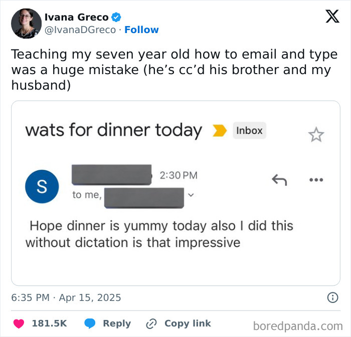 Funny tweet of the month featuring a child’s email about dinner plans typed without dictation.