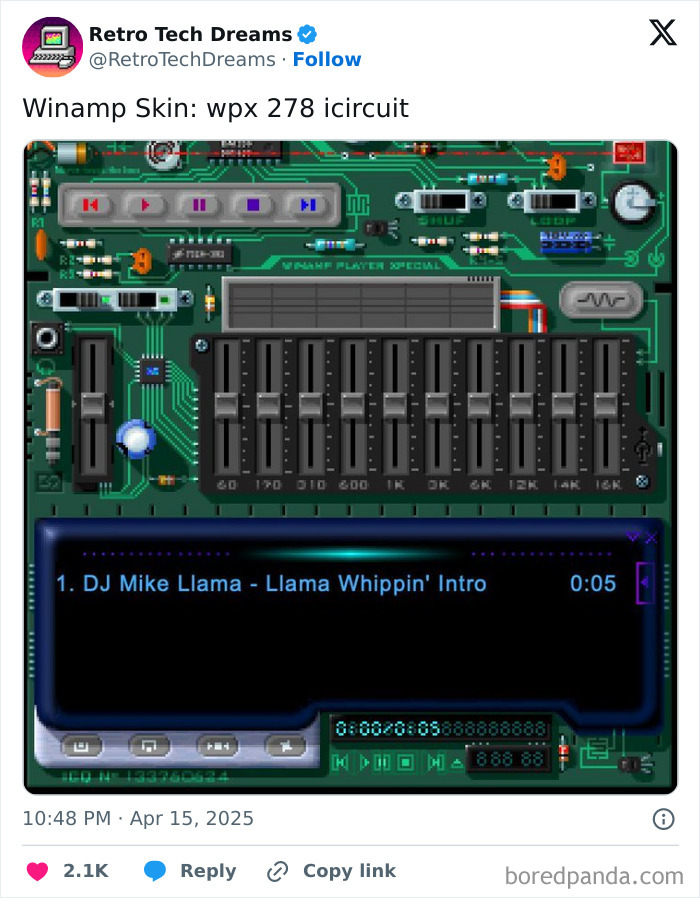 Retro tech Winamp skin showcasing DJ Mike Llama's "Llama Whippin' Intro" on a circuit-themed interface.