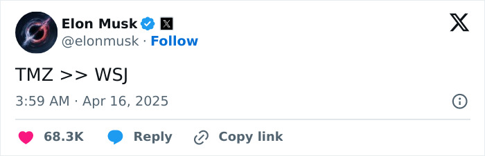 Elon Musk tweet comparing TMZ and WSJ, posted on April 16, 2025.