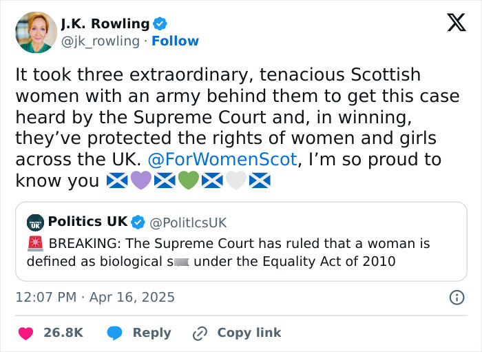 JK Rowling tweets about Supreme Court decision on trans women, celebrating rights with flags and user tags.