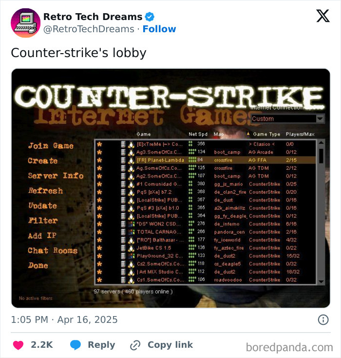 Screenshot of retro Counter-Strike lobby displaying server list and game options.