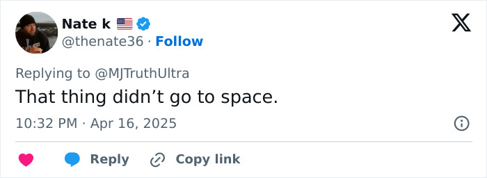 Tweet questioning space authenticity, mentioning Blue Origin capsule and conspiracy theorists. Tweet questioning space authenticity, mentioning Blue Origin capsule and conspiracy theorists.