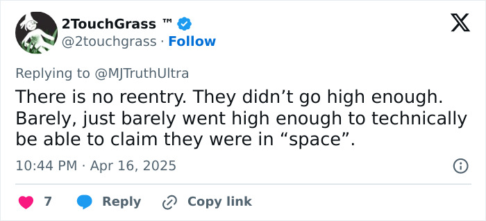 Tweet by 2TouchGrass discussing conspiracy theories about Blue Origin's capsule and space claims. Tweet by 2TouchGrass discussing conspiracy theories about Blue Origin's capsule and space claims.