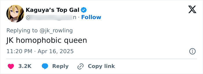 Tweet replying to J.K. Rowling criticizing her stance on trans rights.