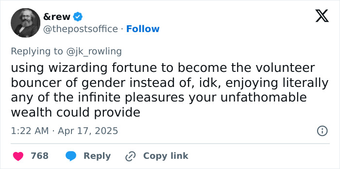 Tweet criticizing J.K. Rowling's stance on trans rights by a user with a comment about wealth and gender.