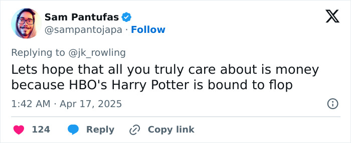 Tweet replying to J.K. Rowling about HBO's Harry Potter and focus on financial motives.