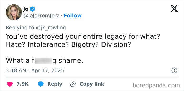 Tweet criticizing J.K. Rowling's stance on trans rights after Supreme Court ruling, discussing legacy and intolerance.