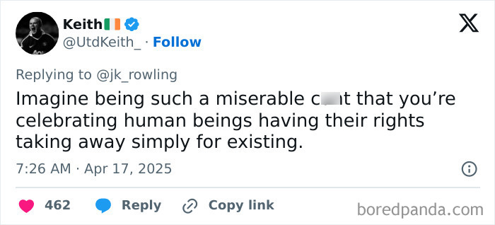 Tweet responding to J.K. Rowling about trans rights, expressing frustration over the celebration of rights removal.