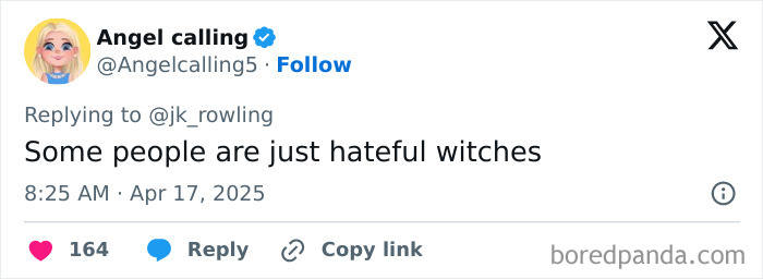 Tweet replying to J.K. Rowling about trans rights critics, mentioning "hateful witches," posted on April 17, 2025.