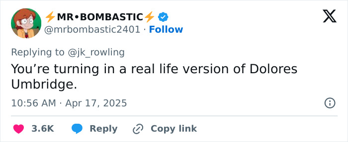 A tweet criticizing J.K. Rowling with a comparison to Dolores Umbridge after a Supreme Court ruling on trans rights.