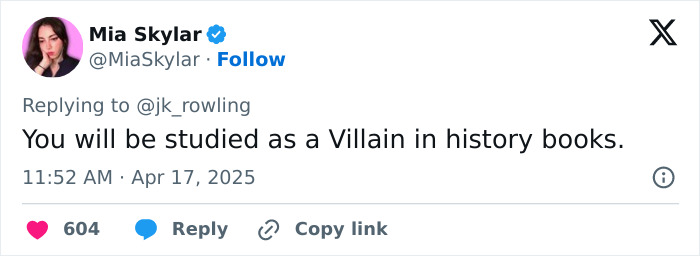 Tweet replying to J.K. Rowling about being viewed as a villain after Supreme Court ruling on trans rights.