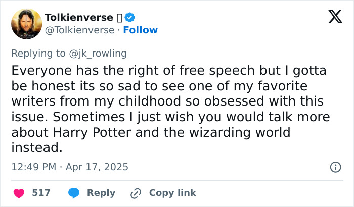 Tweet criticizing J.K. Rowling's focus on trans rights instead of Harry Potter, highlighting free speech concerns.