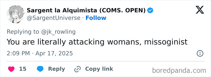 Tweet reply criticizing J.K. Rowling on trans rights ruling, featuring a comment on misogyny.