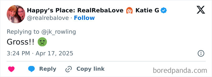 Tweet responding to J.K. Rowling about trans rights, expressing strong disapproval with "Gross!!" and a green nauseated emoji.