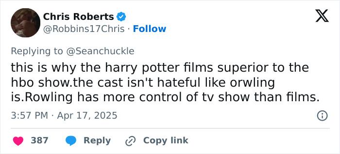Chris Roberts critiques JK Rowling's control over HBO's show vs. Harry Potter films in a tweet.