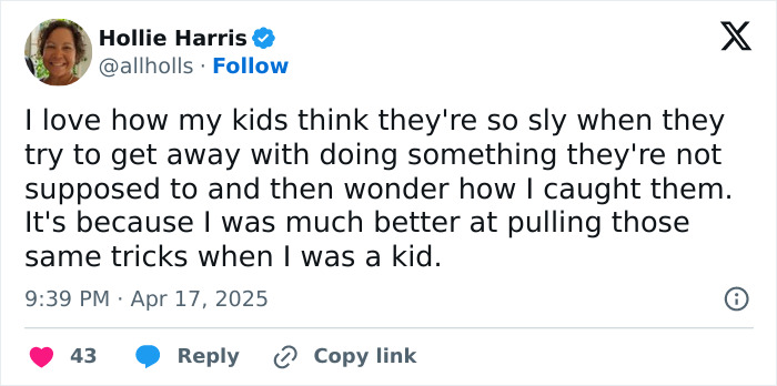 Tweet by Hollie Harris humorously describing kids trying to be sneaky, shared in April.