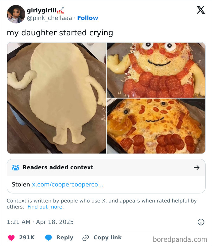 Funny tweet featuring a homemade pizza shaped like a cartoon character, resulting in a humorous reaction.