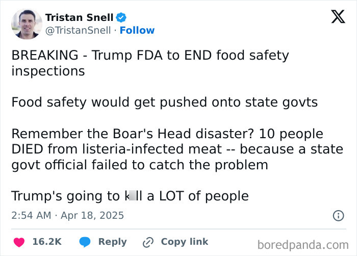 Twitter post criticizing capitalism, highlighting food safety concerns under Trump FDA changes.