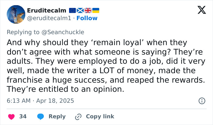 Tweet discussing loyalty and opinions related to a controversial Harry Potter author statement.