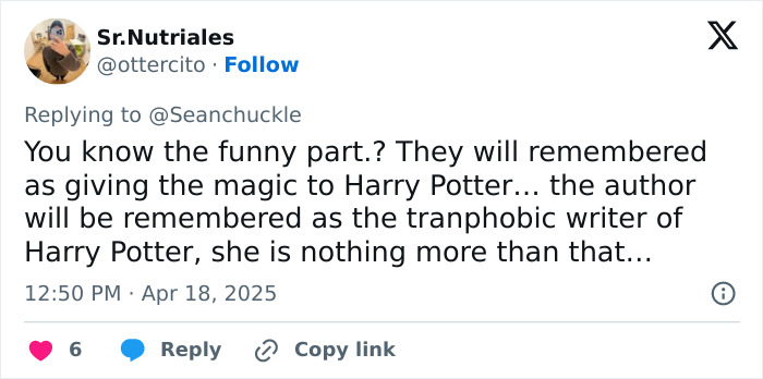 Tweet discussing the Harry Potter author being labeled as transphobic, touching on legacy and fame.