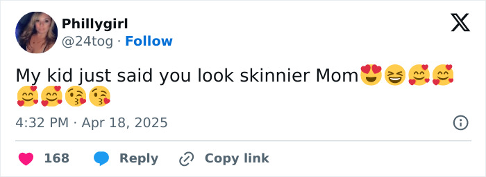 Tweet from a parent jokes, "My kid just said you look skinnier Mom," with emojis and engagement icons below.