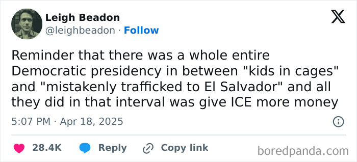 Tweet highlighting dissatisfaction with capitalism and political actions regarding ICE funding.