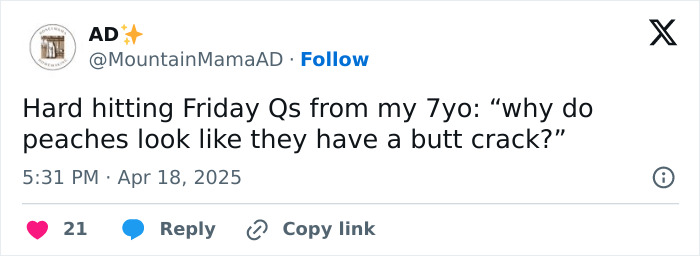 Funny tweet by parent quoting their child's question about why peaches look like they have a b**t crack.