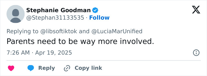 Tweet by Stephanie Goodman about parental involvement linked to trans locker room testimony.