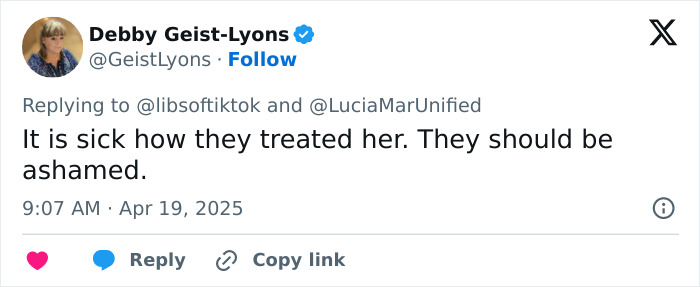 Debby Geist-Lyons tweets about trans locker room testimony, expressing anger at treatment of a crying girl.