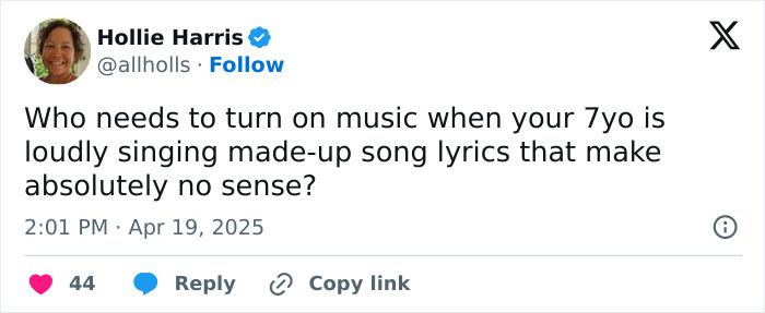Funny tweet from a parent about their child singing nonsensical made-up songs instead of playing music.