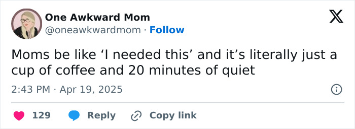 Funny tweet from a parent about needing coffee and quiet time.