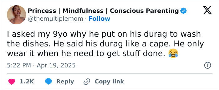 Funny tweet by a parent about a child's durag used as a cape while washing dishes, highlighting humor in parenting moments.