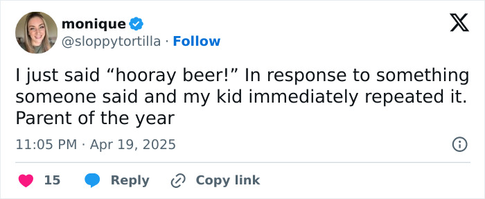 Parent shares a funny tweet about their child repeating "hooray beer" after them.