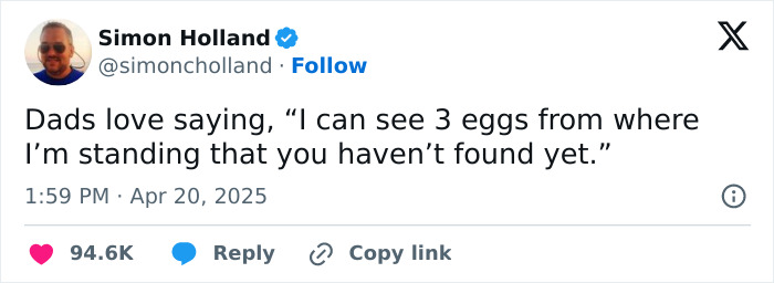 Tweet from Simon Holland highlighting a funny parenting moment about finding Easter eggs.