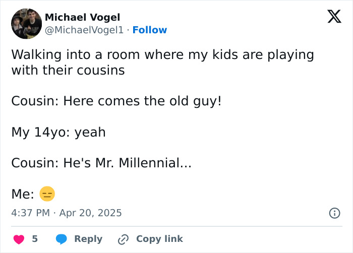 Tweet about a dad being called "Mr. Millennial" by kids, showcasing funny parent moments.