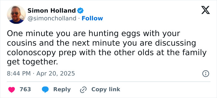 Funny tweet about family gatherings, from egg hunts to discussing colonoscopy prep.