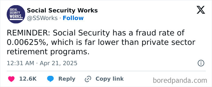 Social Security post highlighting its lower fraud rate compared to private sector retirement programs, questioning capitalism.