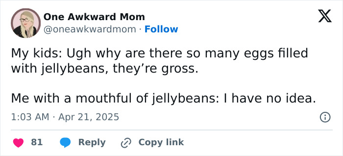Tweet screenshot with a parent's funny response about kids complaining about jellybean-filled eggs.