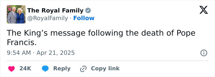 Royal family's tweet about King Charles's message after Pope's death.
