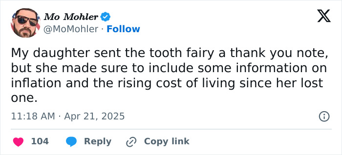 Funny tweet from a parent about a daughter discussing inflation with the tooth fairy in a thank you note.