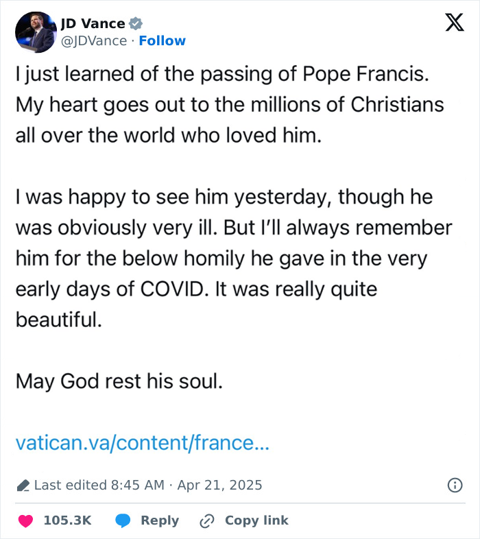 JD Vance expresses condolences on Pope Francis's passing in a heartfelt social media post.