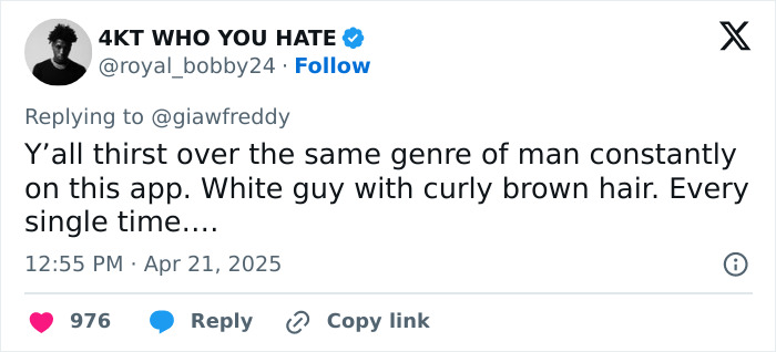 Tweet about 'thirst' over men, highlighting a preference for white guys with curly brown hair on social media.