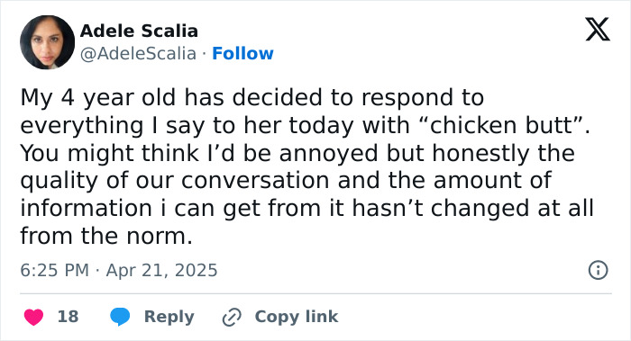 Funny tweet from a parent about a child responding with "chicken b**t" to everything.