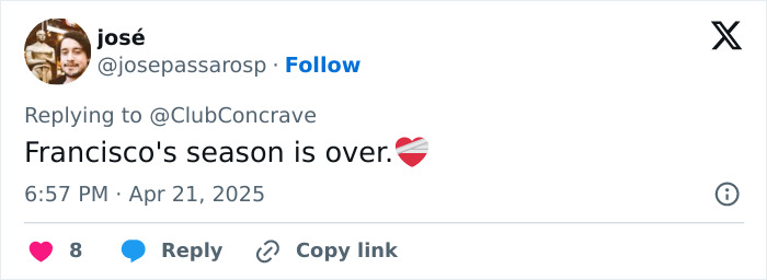 A tweet by Jos&eacute; mentioning "Francisco's season is over," with heart and flag emojis.
