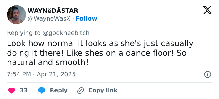 Tweet by WAYN&euml;D&Auml;ST&Aring;R commenting on someone moving naturally and smoothly, likening it to dancing casually.