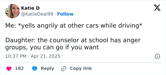 Tweet of a parent humorously sharing a daughter's suggestion about anger groups.