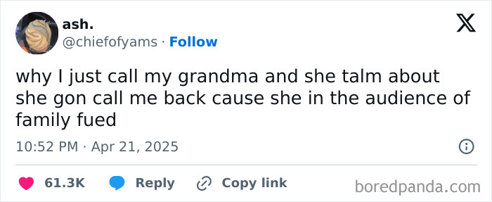 Funny tweet about a grandma being in the audience of Family Feud, posted by user @chiefofyams.