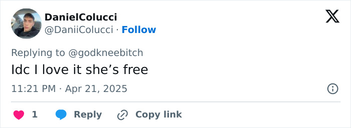 A tweet about liking Britney Spears' freedom after a daring motorcycle ride in a red dress.